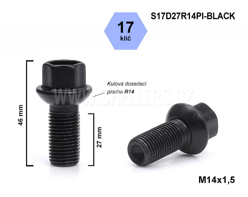 Šroub na kola M14x1,5x27 mm, kulový R14 Mercedes Benz S17D27R14PI-BLACK