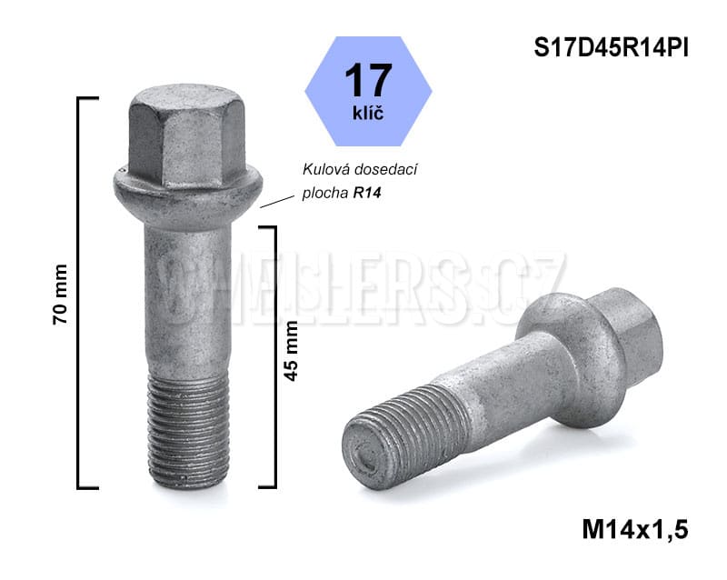 Šroub na kola M14x1,5x45 mm, kulový R14 Mercedes Benz S17D45R14PI