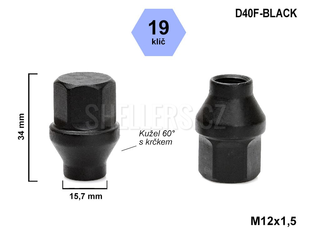 Matice M12x1,5 mm kužel krček 15,7 mm D40F-BLACK
