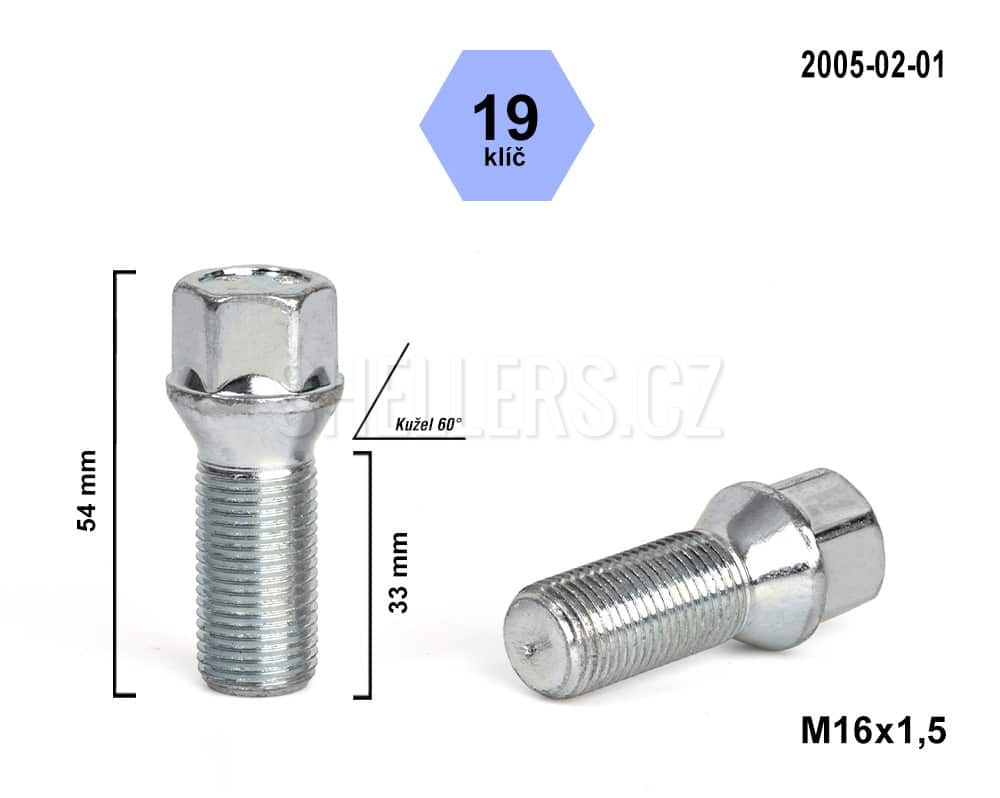 Šroub M16x1.5×33 mm kužel klíč 19 mm 2005-02-01 výška 54mm