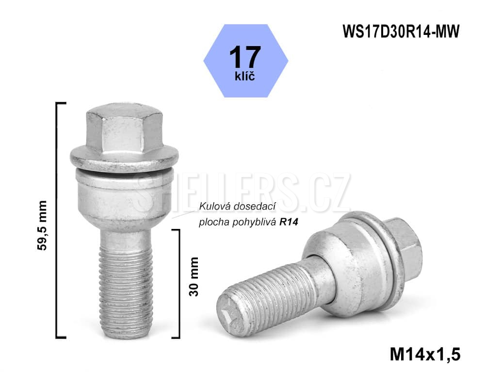 Kolový šroub M14x1,5×30 koule R14 pohyblivá, VW, AUDI, klíč 17, WS17D30R14-MW výška 59,5